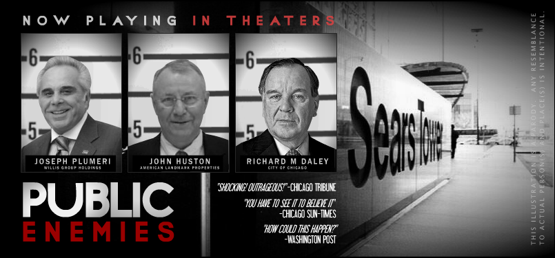 Now playing in theaters: "Public Enemies" starring Joseph Plumeri, John Huston, and Richard M Daley. This illustration is a parody. Any resemblance to actual persons and places is intentional.